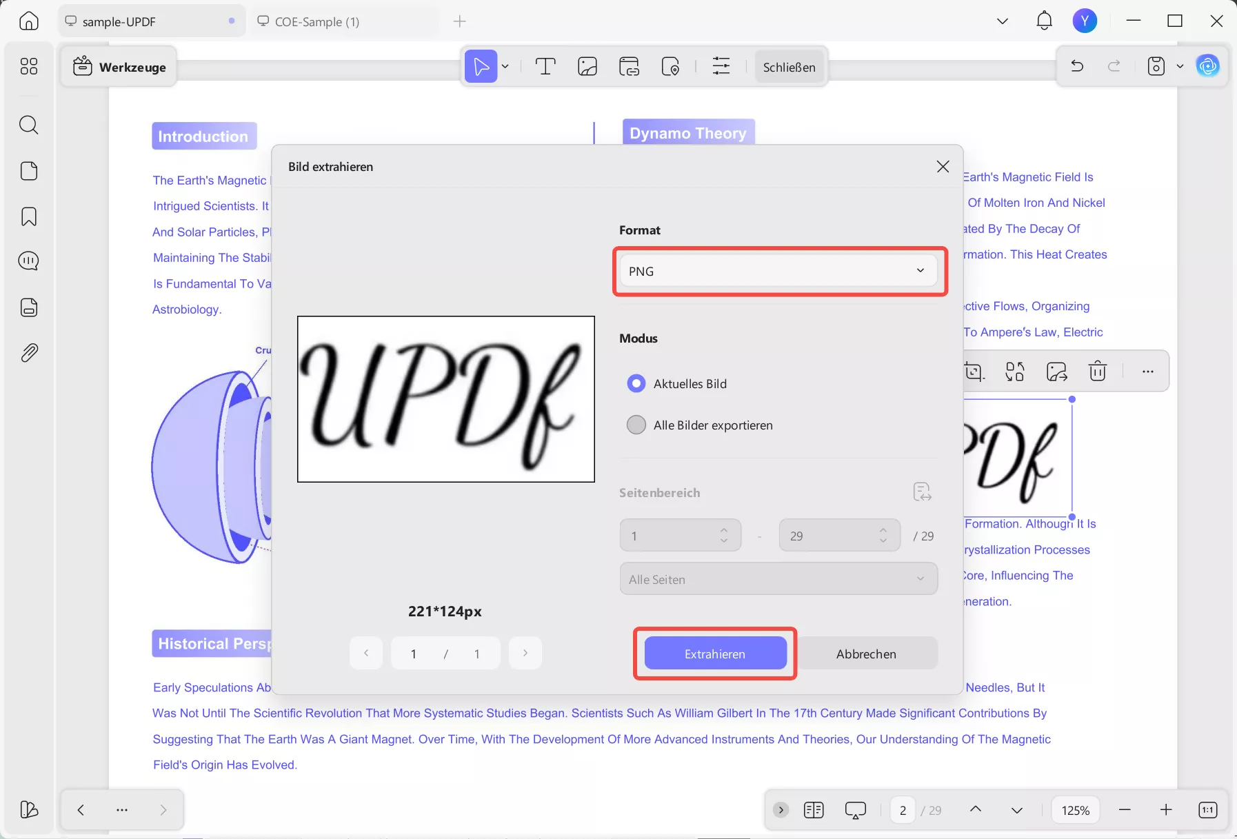 Bildsignatur aus updf extrahieren