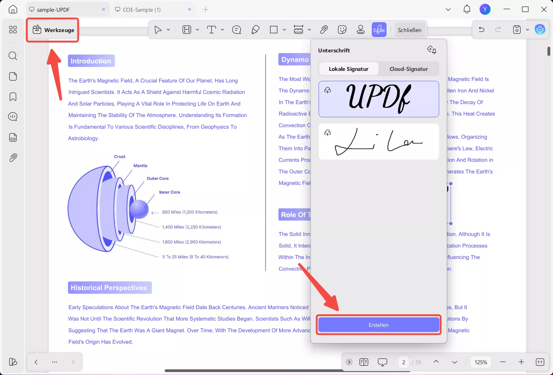 Zugriff erstellen Signatur Option updf
