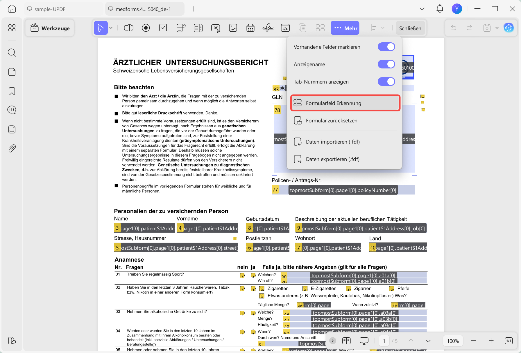 PDF-Formularfelder sichtbar machen updf