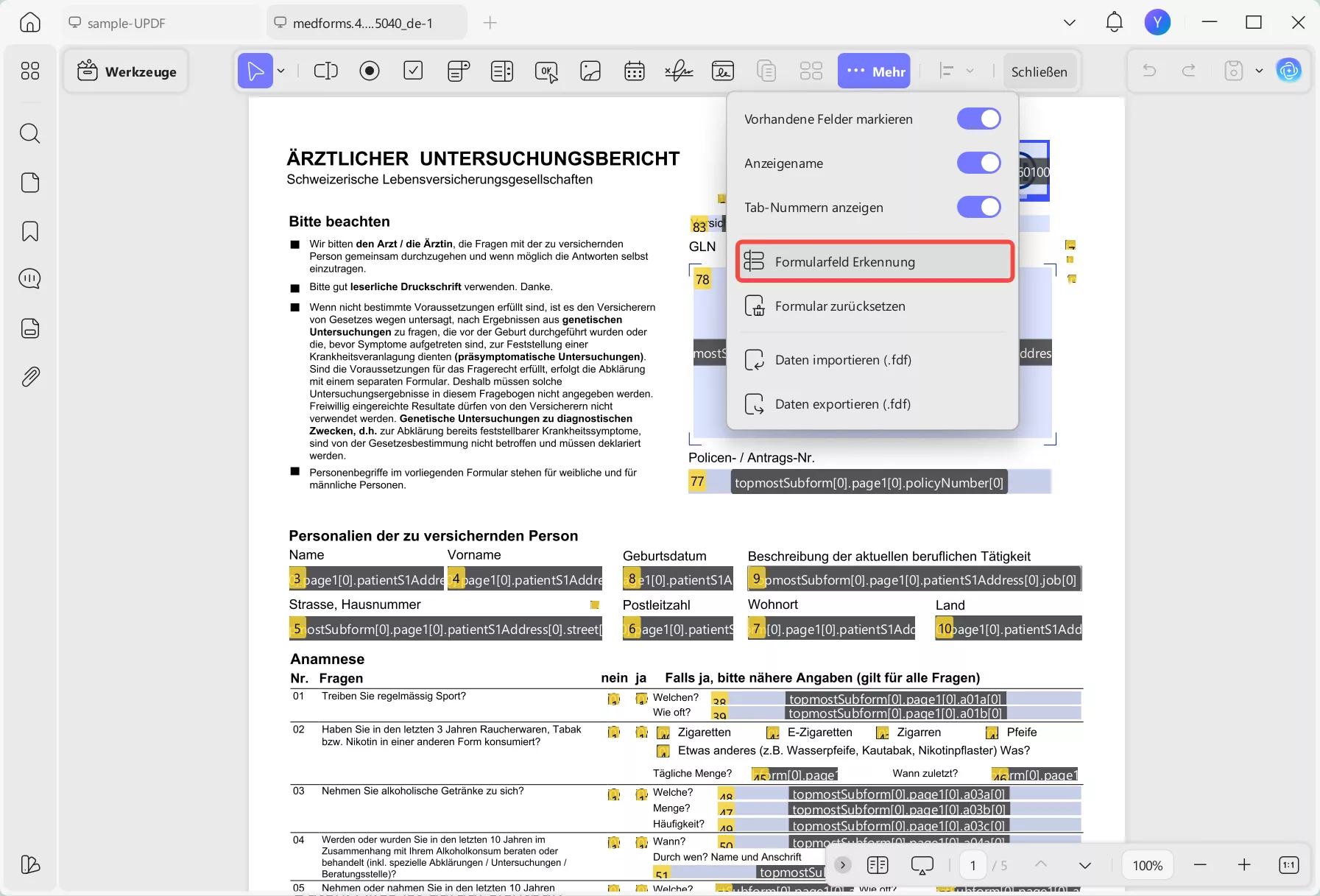 PDF-Formularfelder sichtbar machen updf