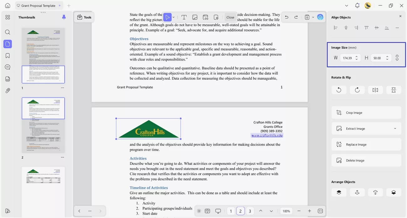 fix image size grant proporal pdf