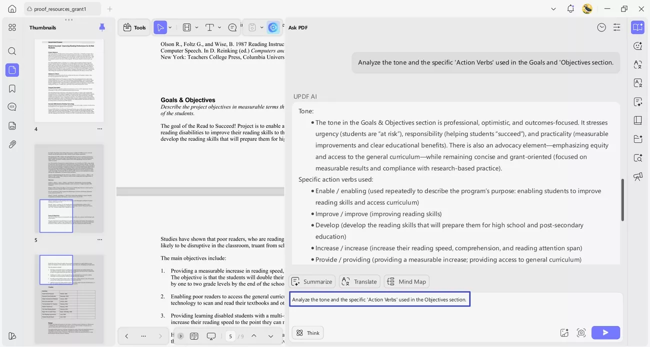 ask updf analyze tone action verbs
