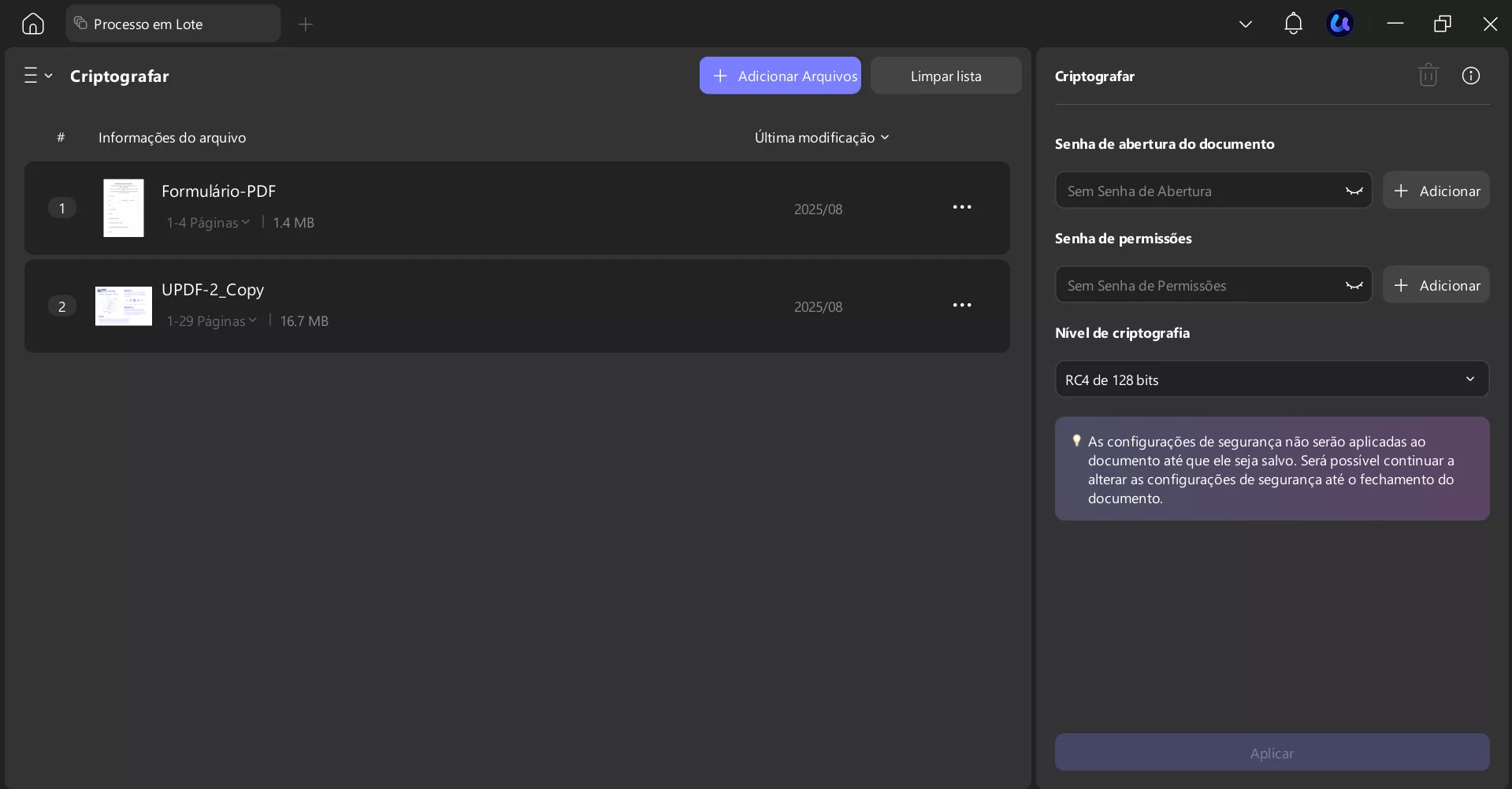 Criptografar vários PDFs em lote