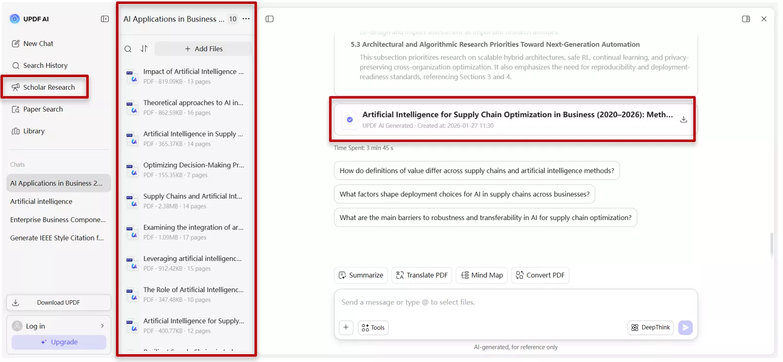 how scholar research feature of UPDF AI works