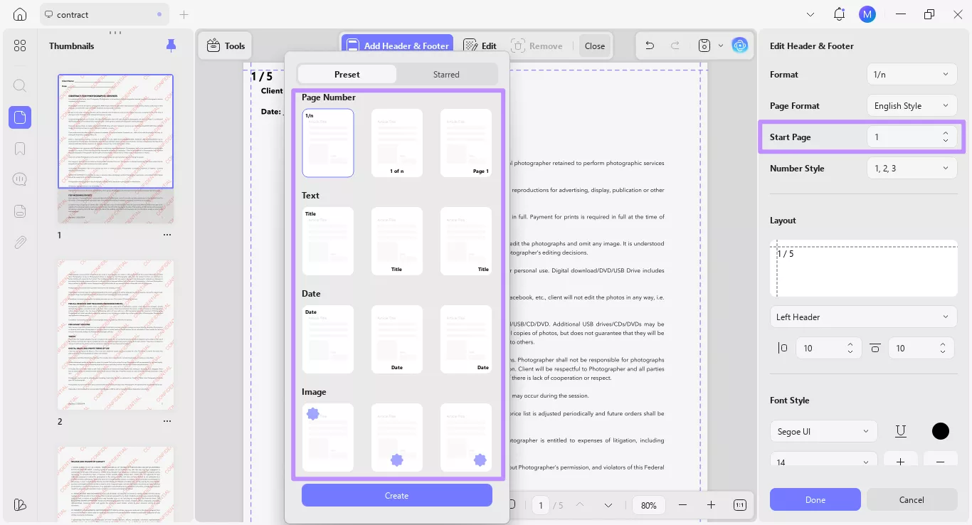 header and footer options in updf