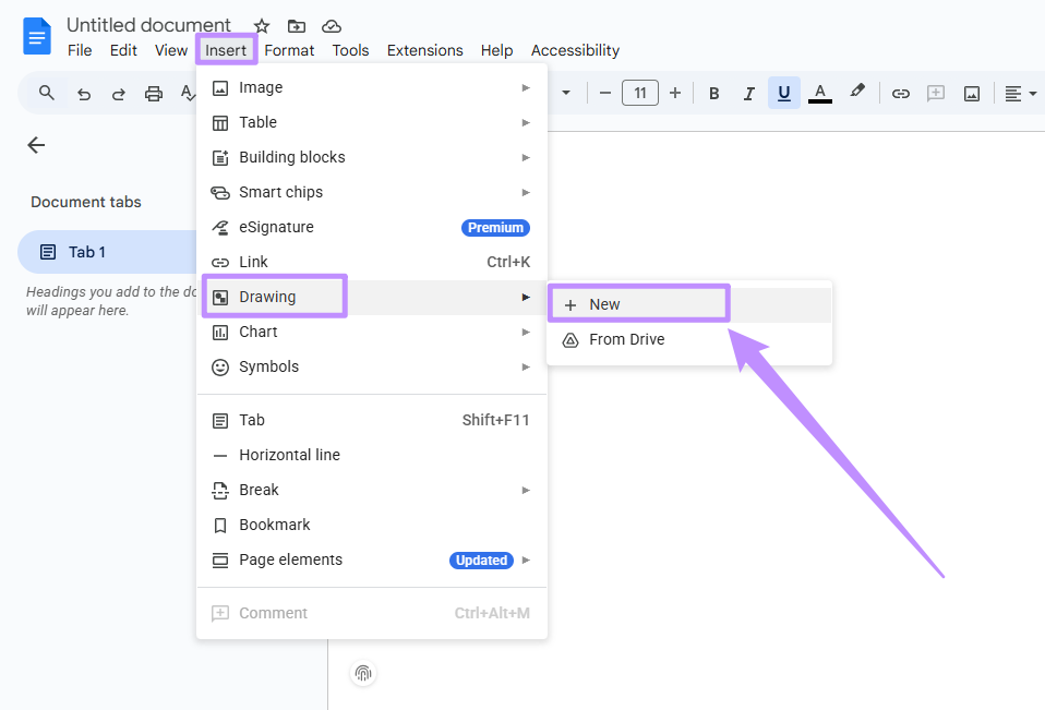  insert a new drawing in docs