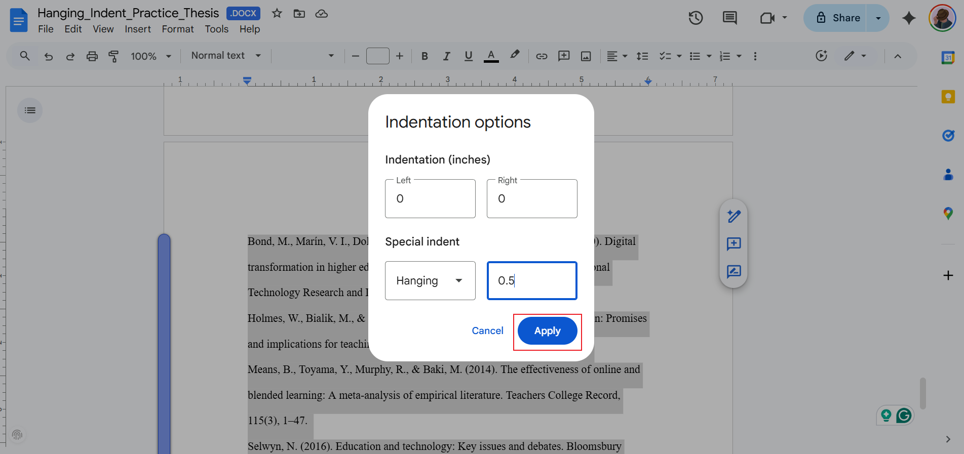 set the indent