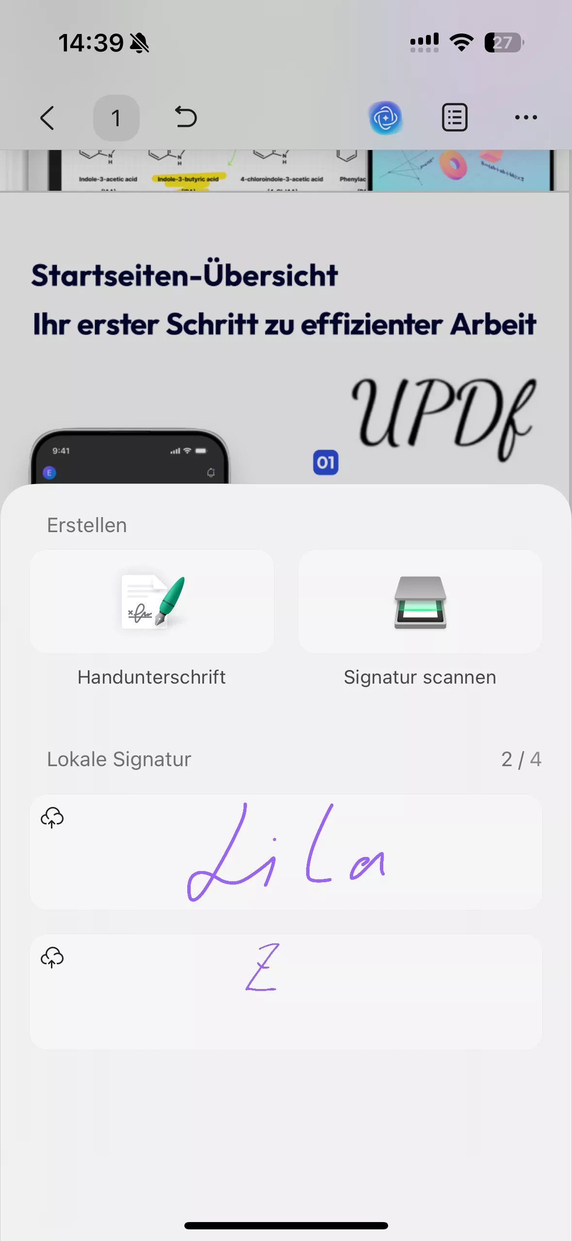 Unterschrift antippen und einen Unterschriftstyp auswählen