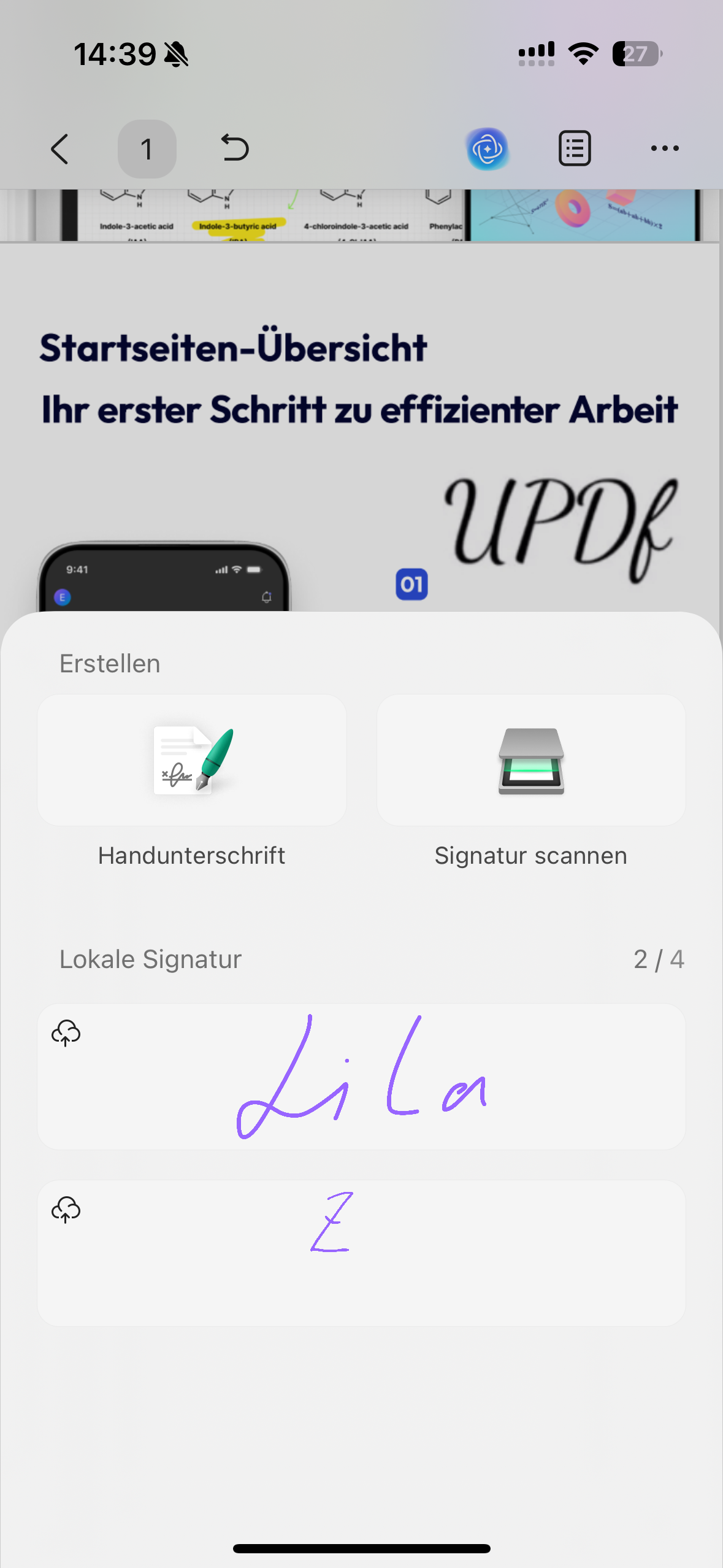 Unterschrift antippen und einen Unterschriftstyp auswählen