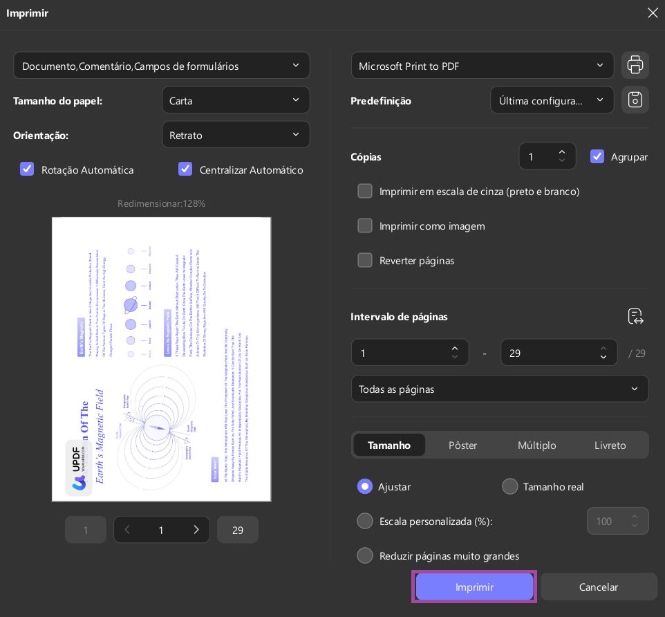 Ajustar as propriedades e configurações de impressão