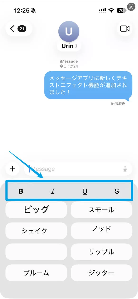 iPhoneのiMessageで太字・斜体・下線・取り消し線を選択できるテキストエフェクト画面