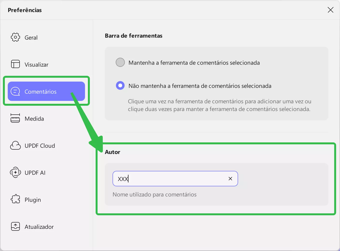 Alterar o nome do autor