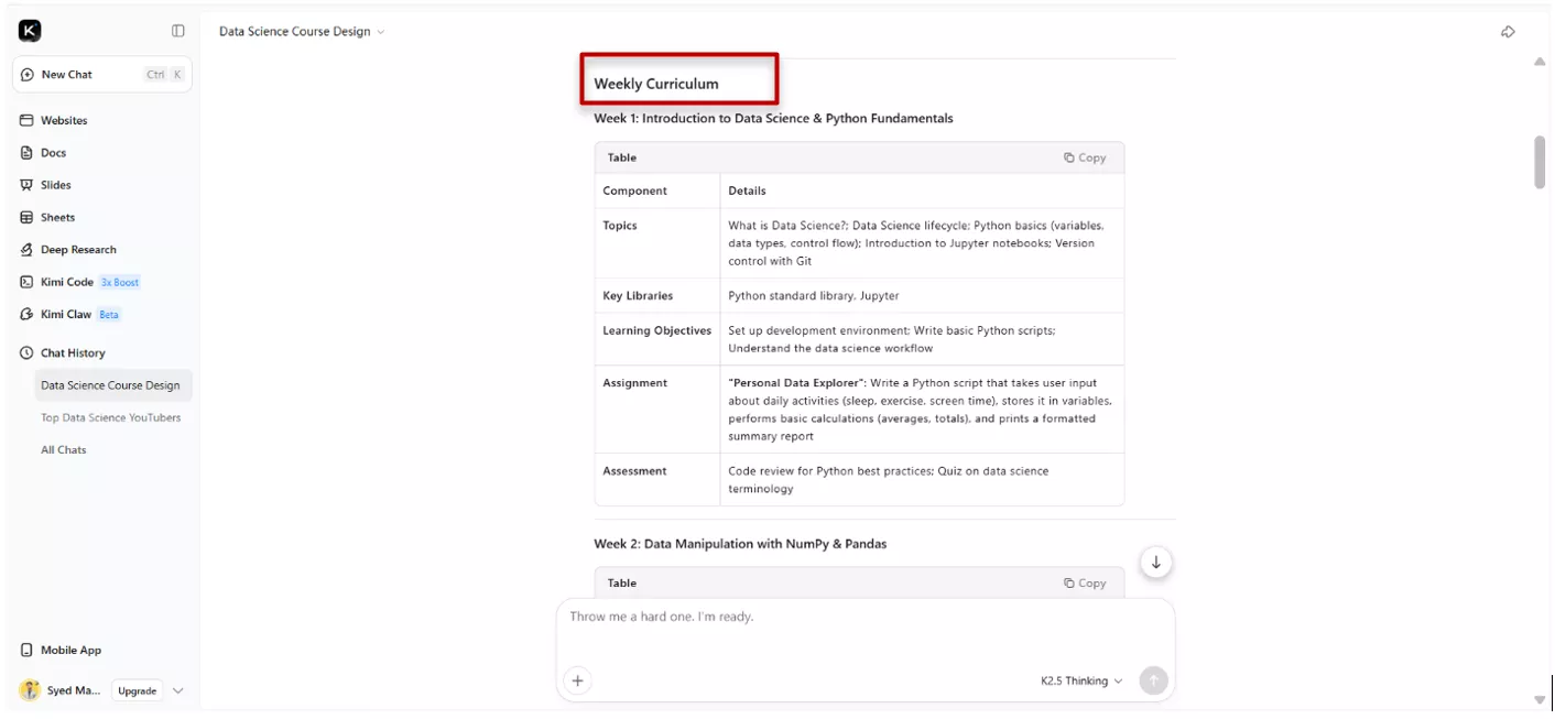 kimi k2.5 structured output for asking about designing a course