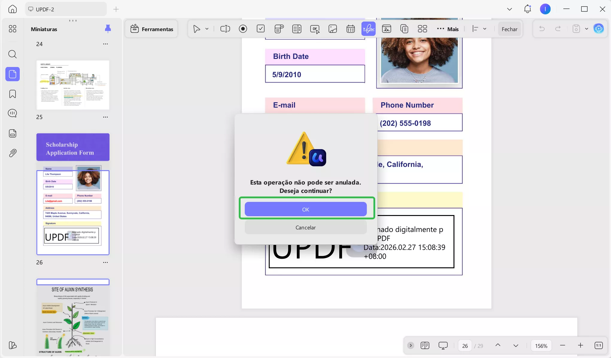 Continuar e excluir a assinatura digital