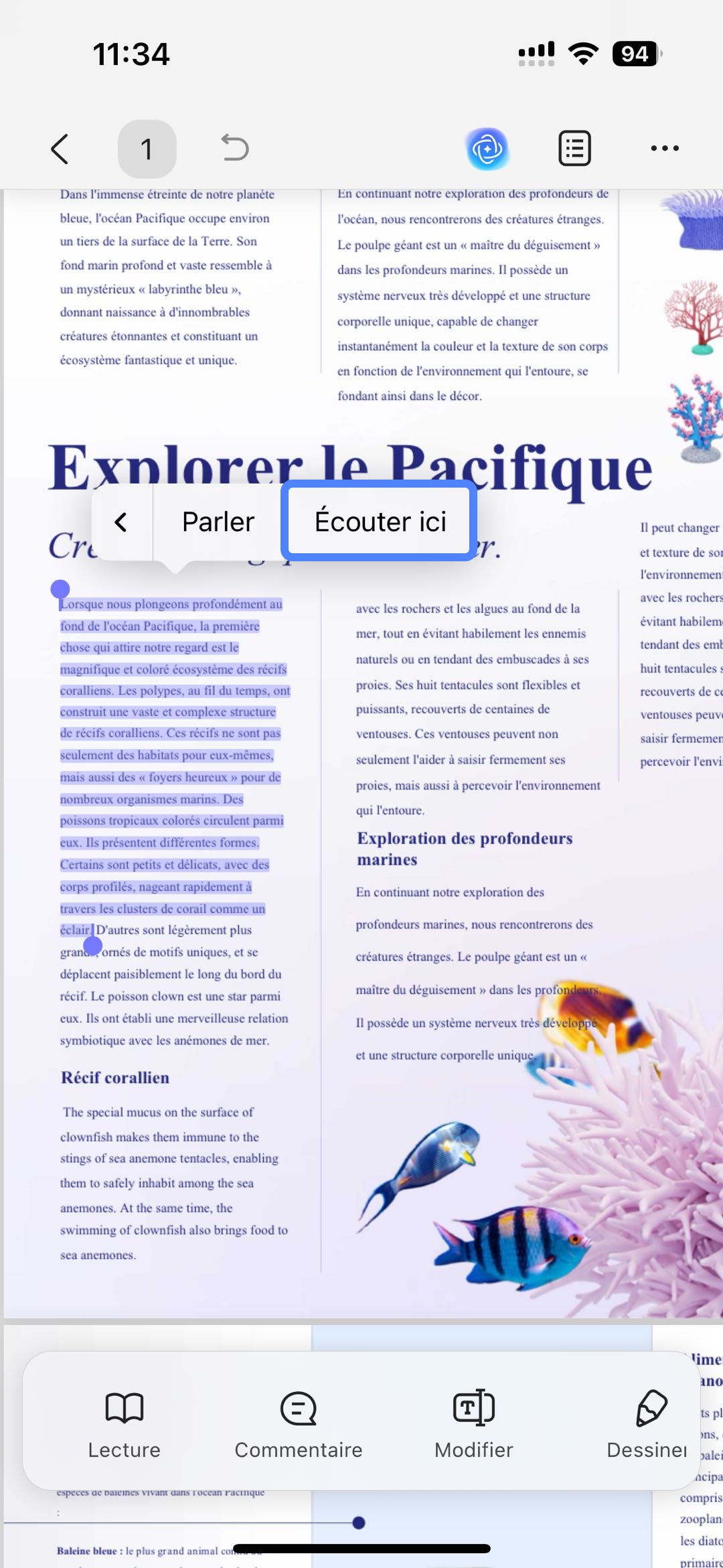 lecture à voix haute sur updf ios