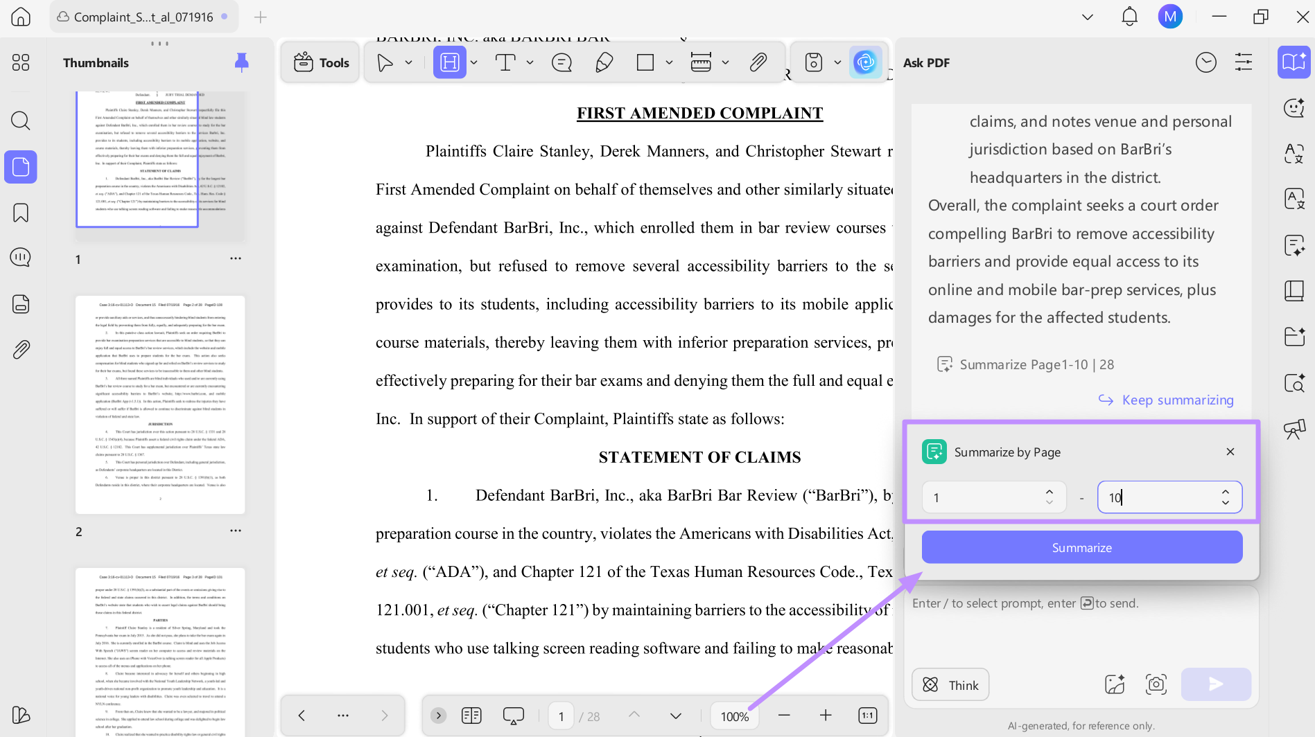 adjust page number and summarize
