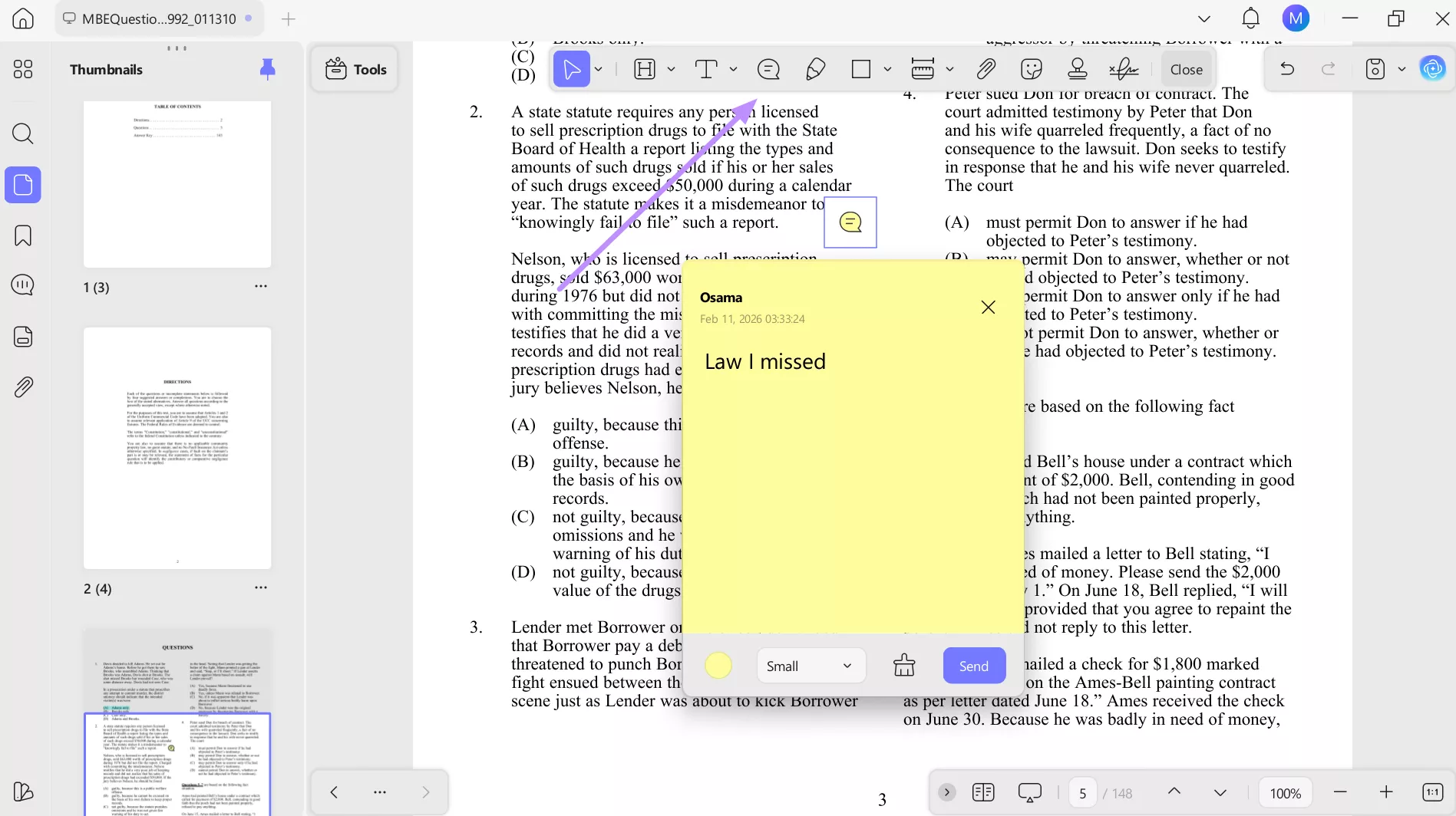 add sticky notes to mbe practice material