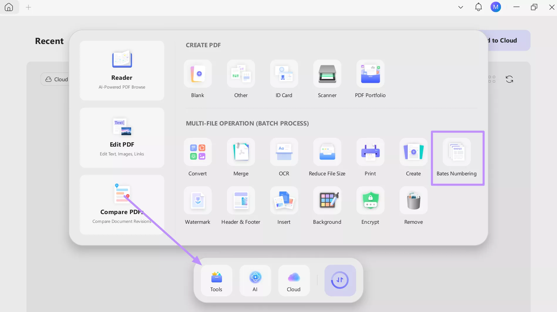 access the bates numbering feature
