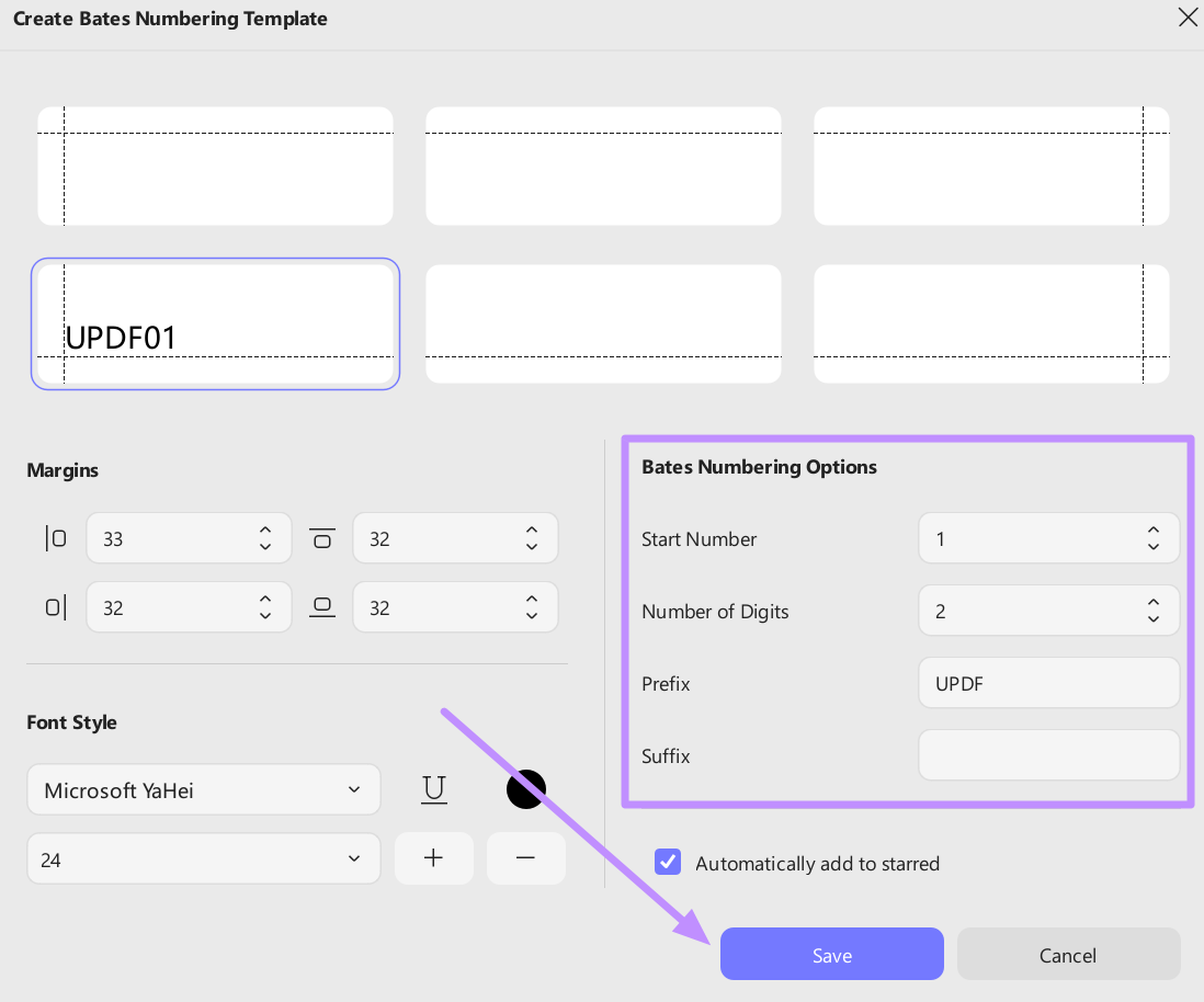 adjust bates numbering settings