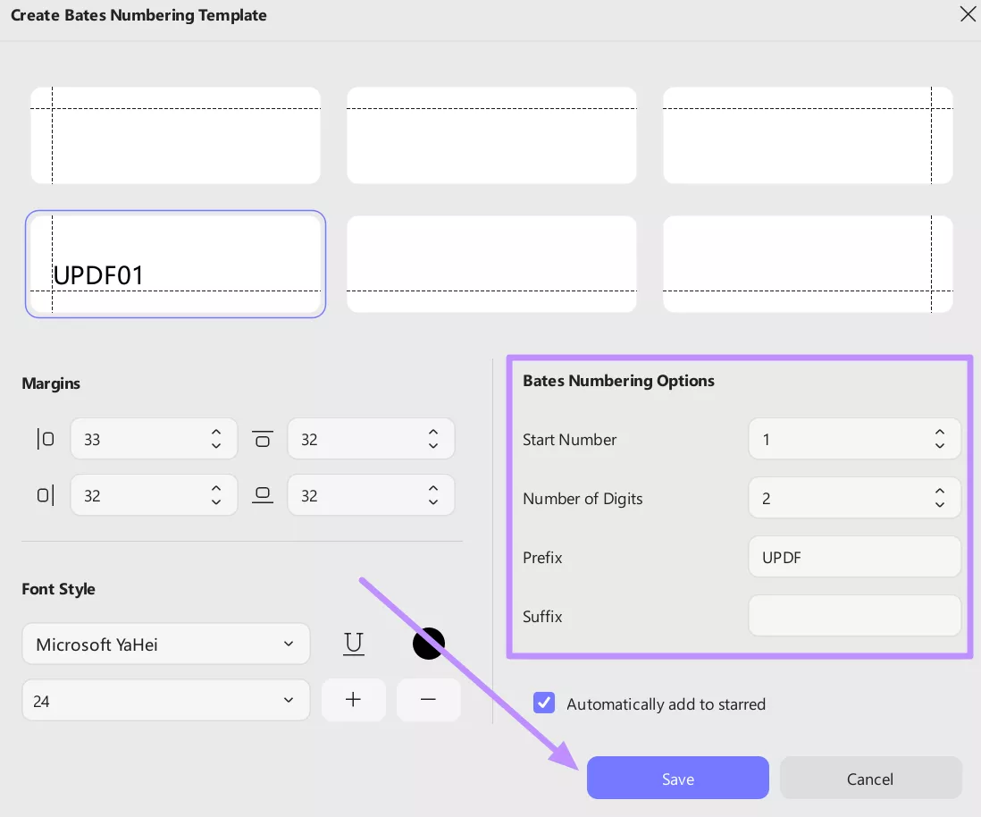 adjust bates numbering settings