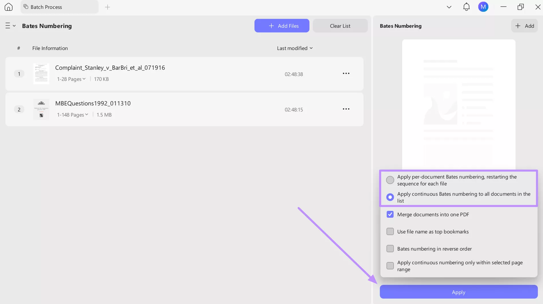 add bates numbering to pdf