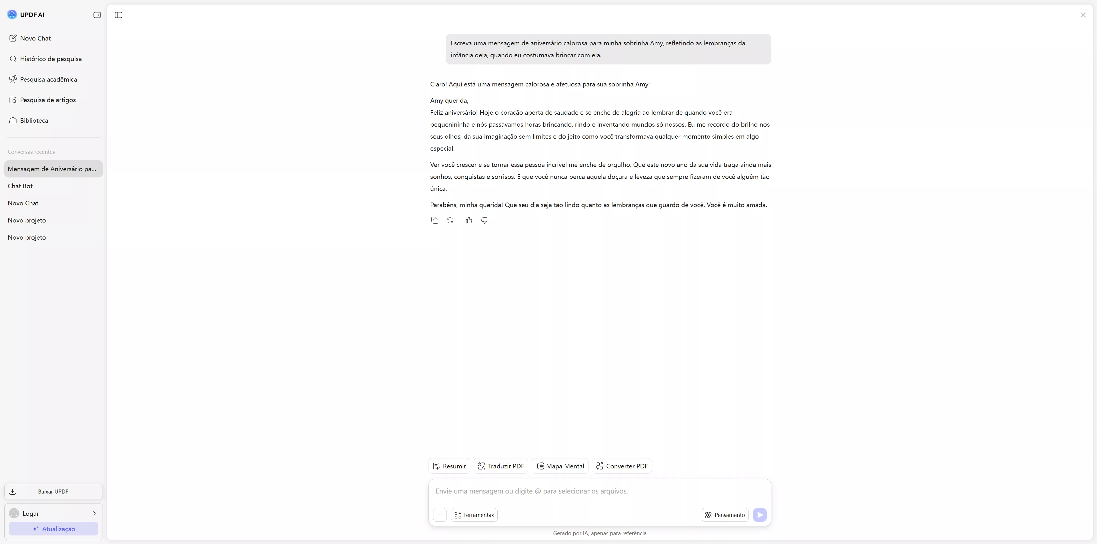 mensagem de aniversário para sobrinha gerada pelo assistente de ia online do updf