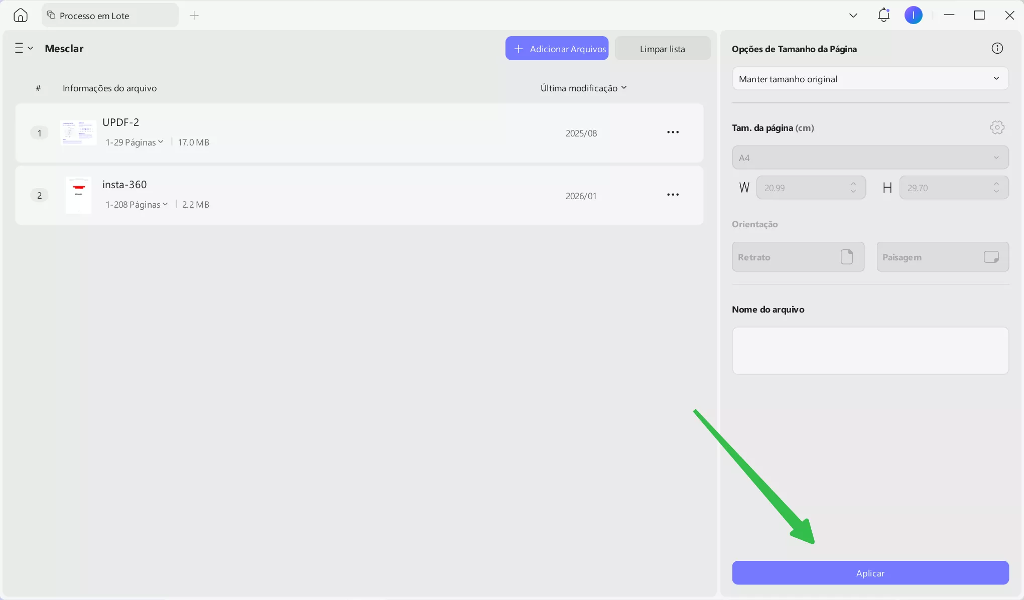opções de tamanho da página