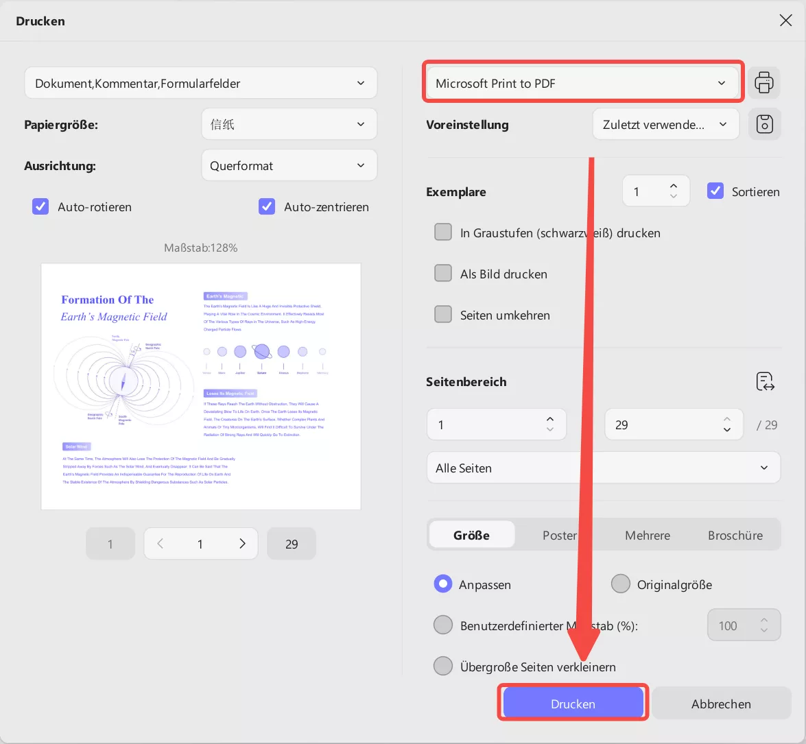 Einstellungen zum Drucken von ausfüllbaren PDF-Formularen mit updf