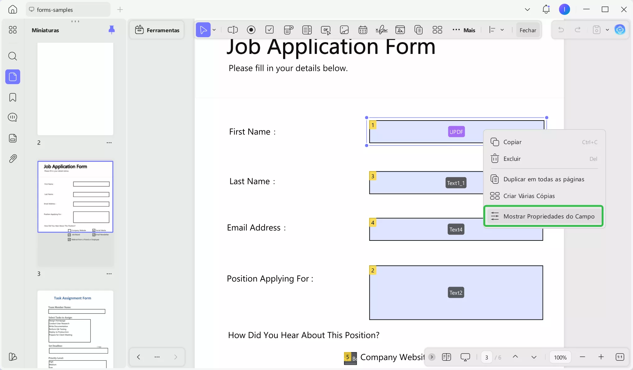 como quebrar o texto nas propriedades de um formulário PDF preenchível