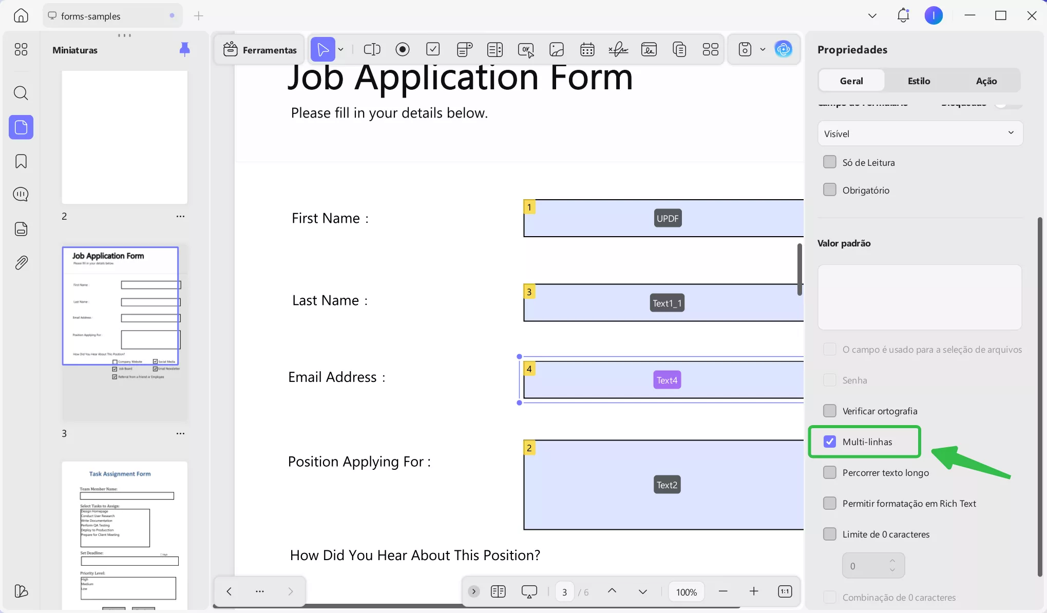 como quebrar o texto nas propriedades de um formulário PDF preenchível