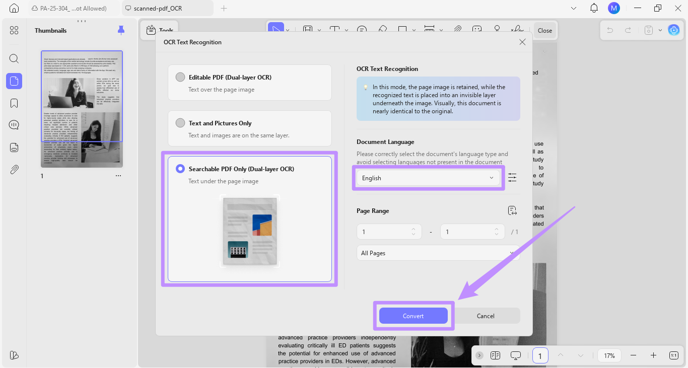 choose searchable ocr and click apply