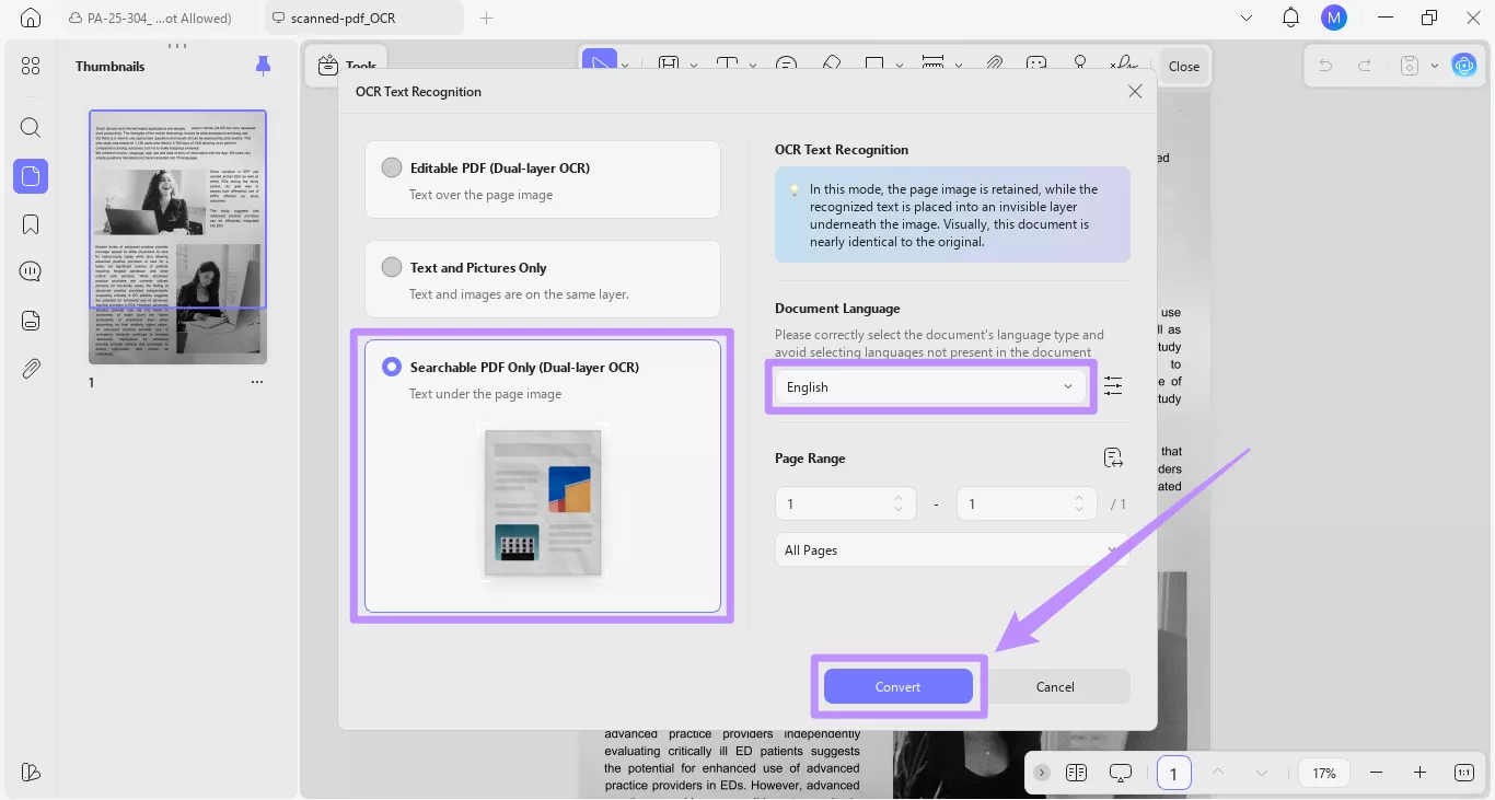 choose searchable ocr and click apply
