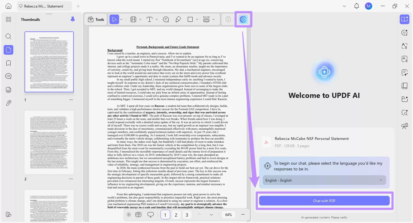 click on chat with pdf