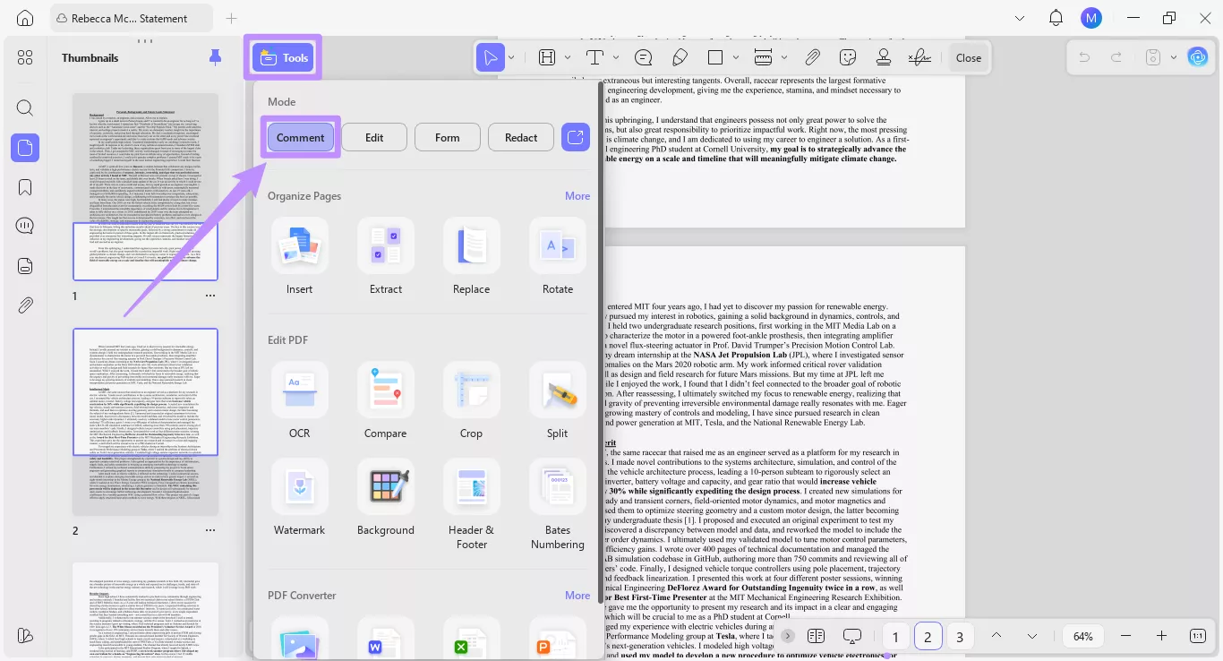 select comment under tools
