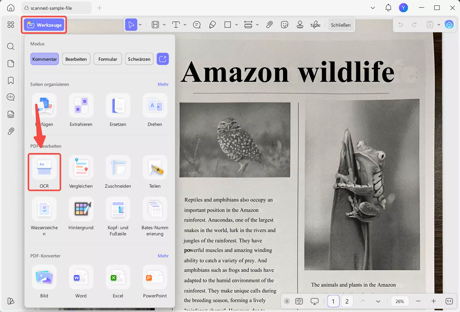 Wählen Sie OCR unter „Tools“ aus.