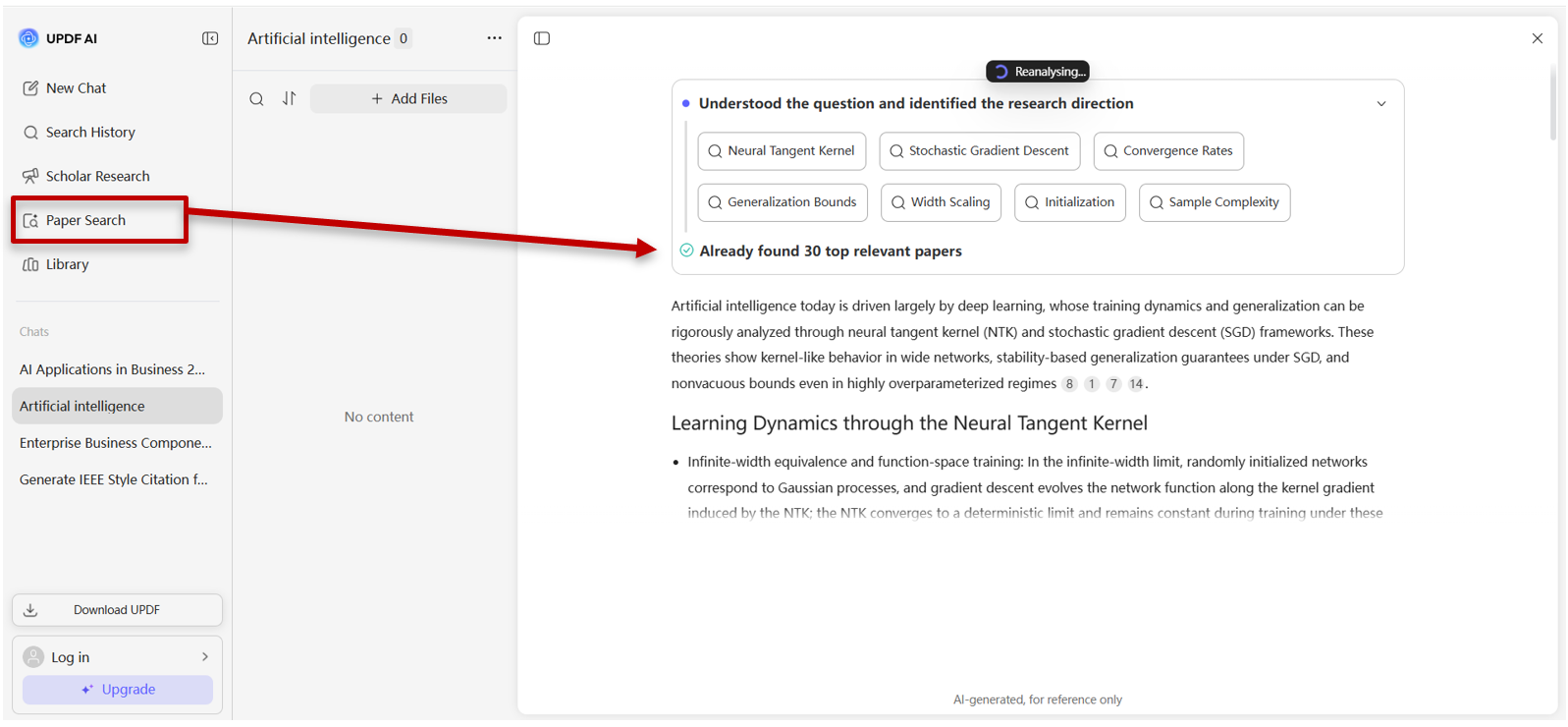 paper search feature in UPDF AI