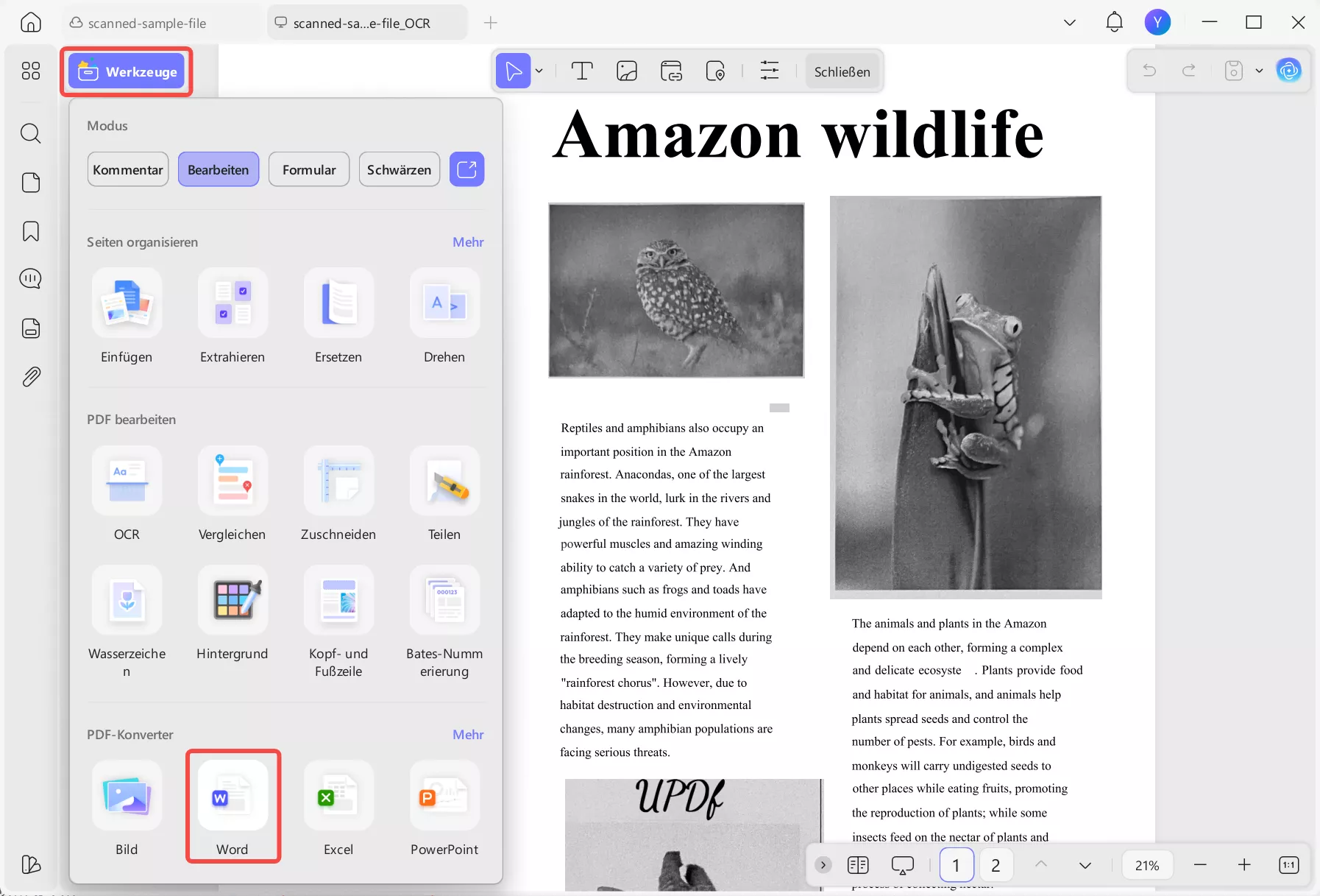 Wort unter „Extras“ auswählen