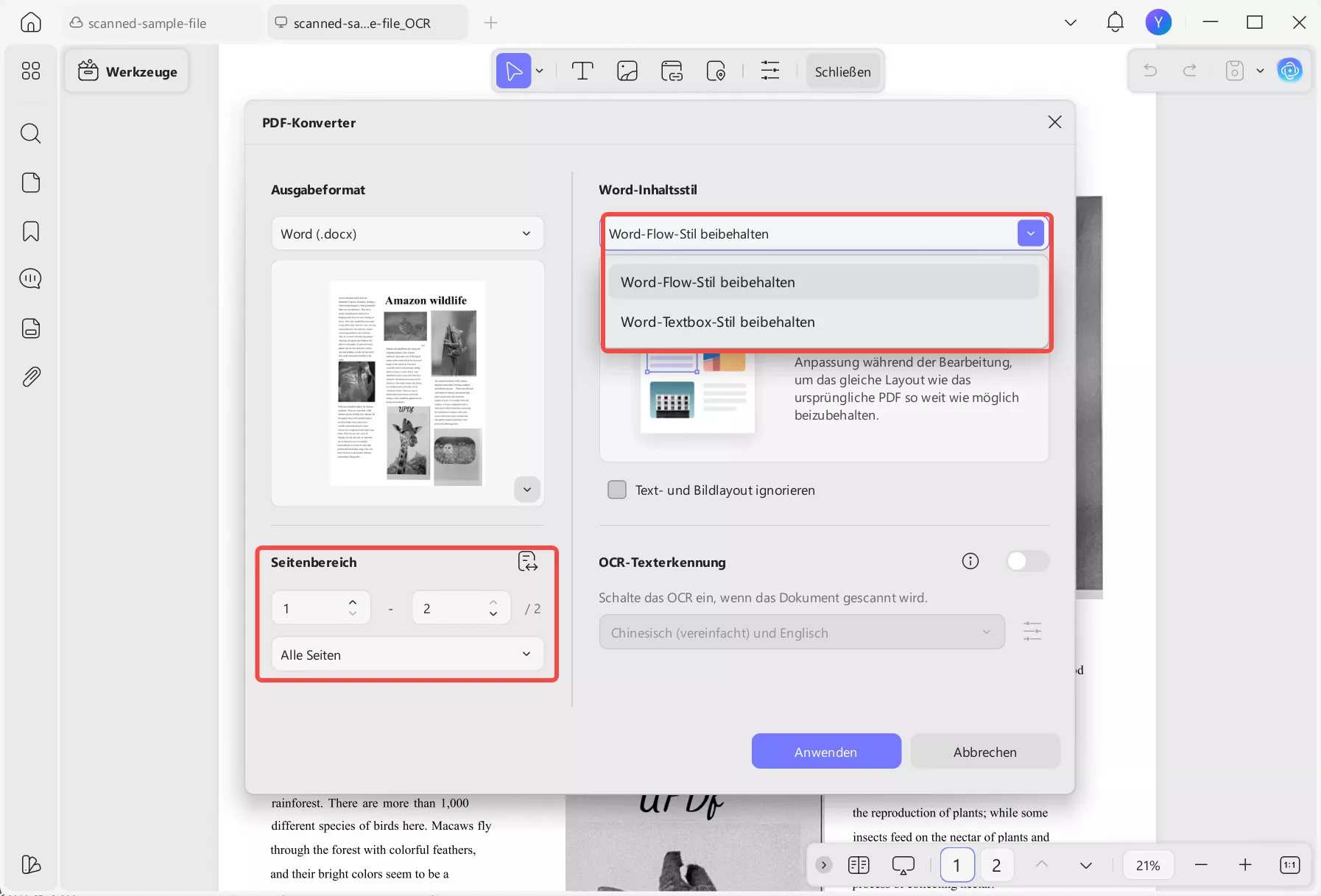 Seitenbereich und Inhaltsstil auswählen