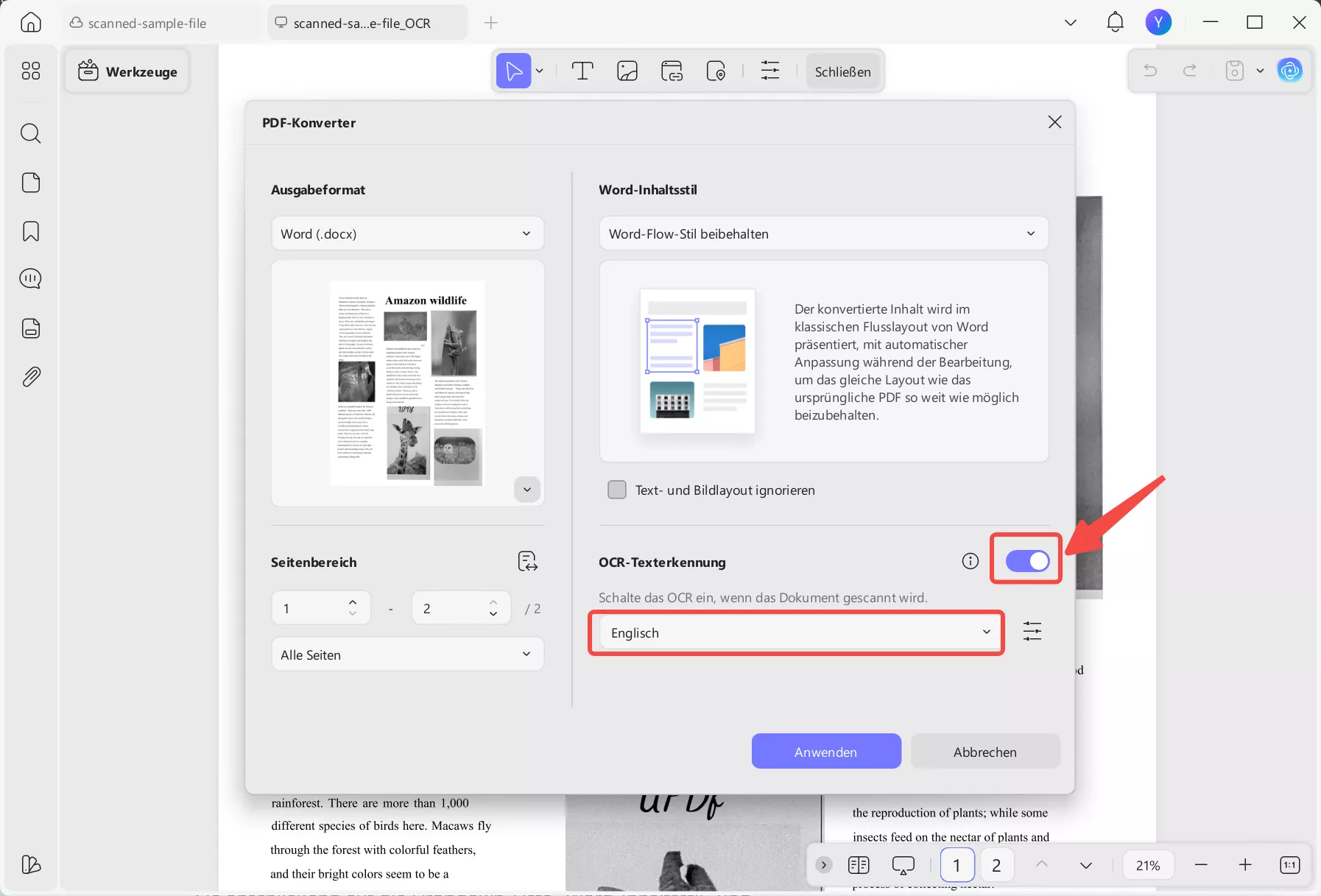 OCR aktivieren und Sprache auswählen