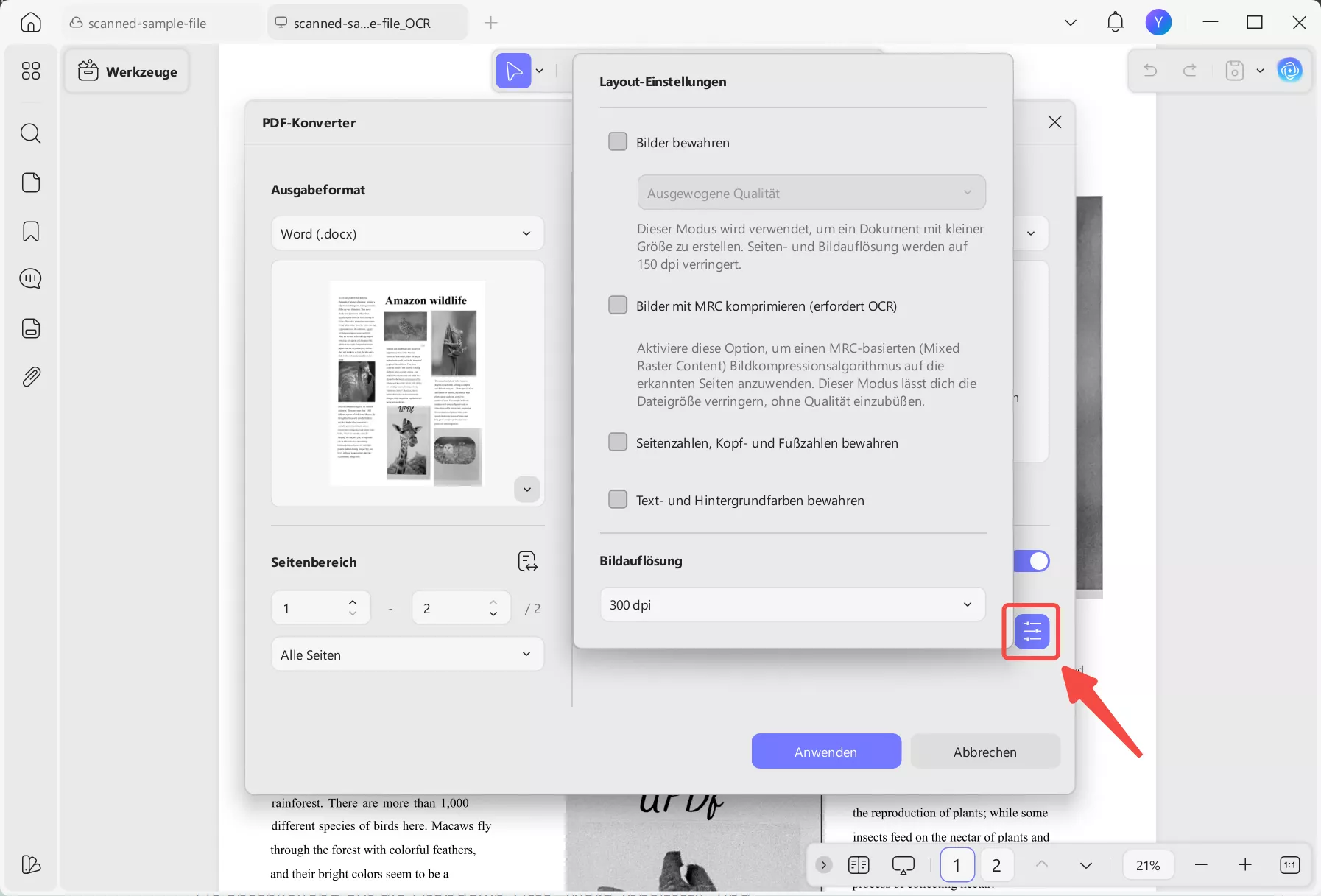 Klicken Sie auf Layout-Einstellungen