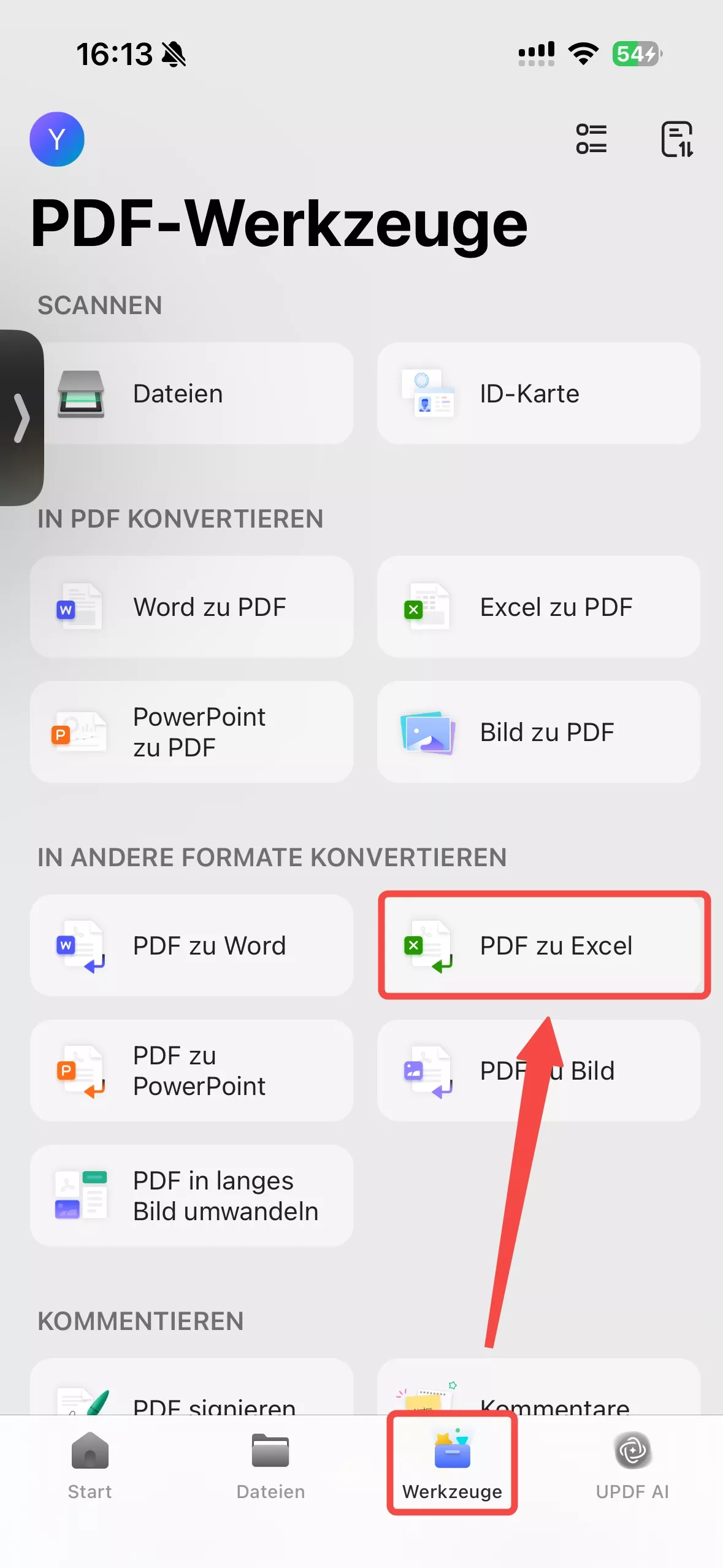 Klicken Sie auf „Extras“ und wählen Sie „PDF zu Excel“.