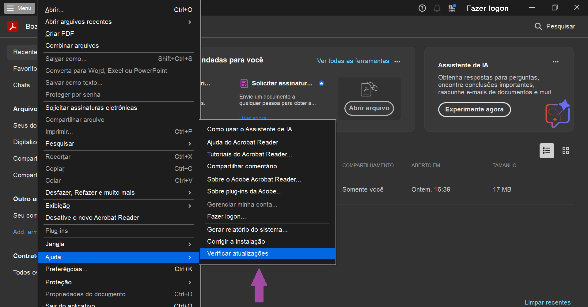 verificar atualizações no adobe