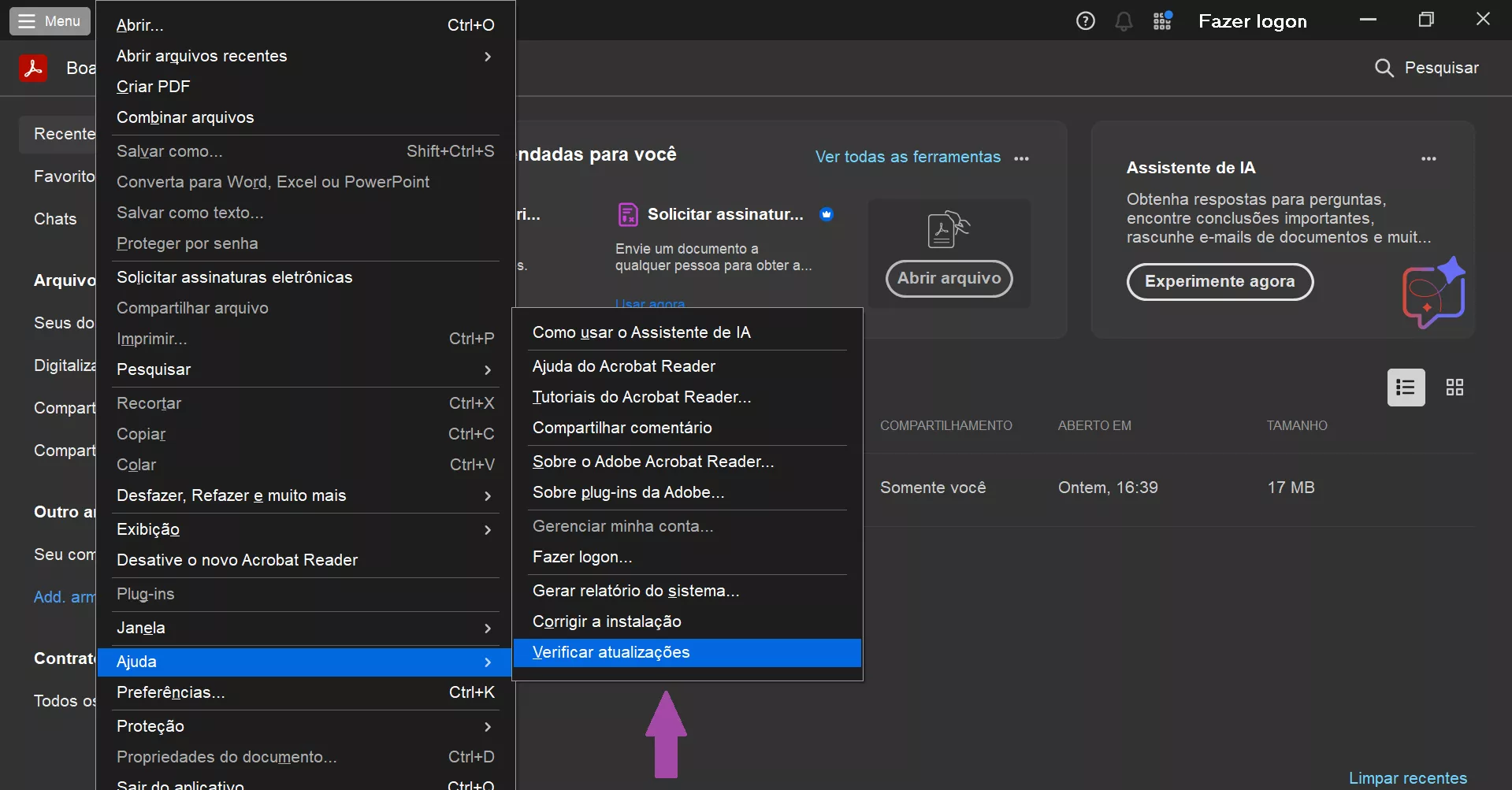 verificar atualizações no adobe