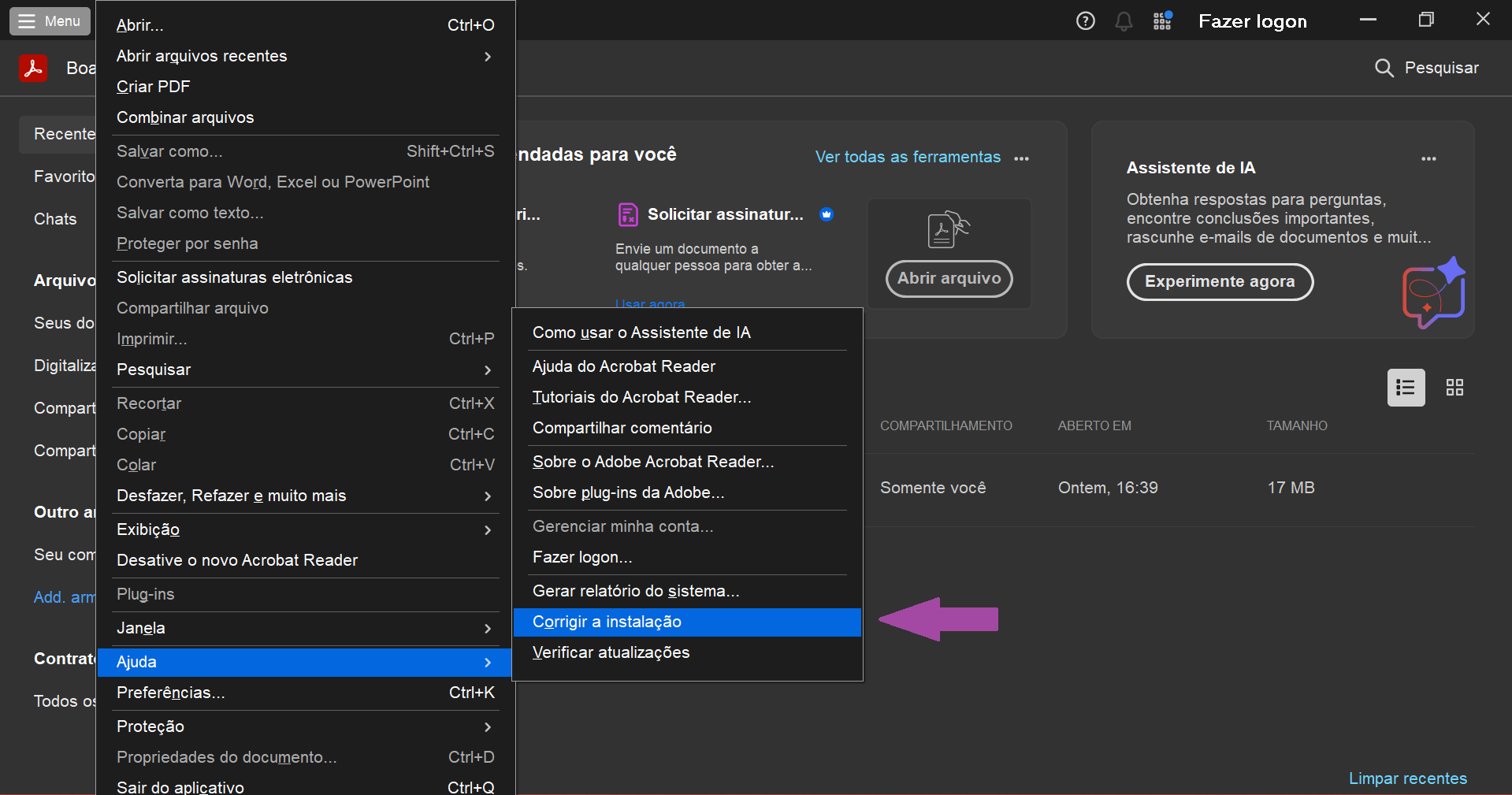 clique em “reparar instalação” no acrobat