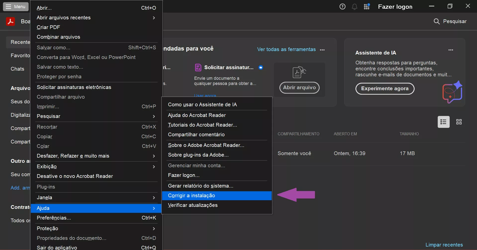 clique em “reparar instalação” no acrobat