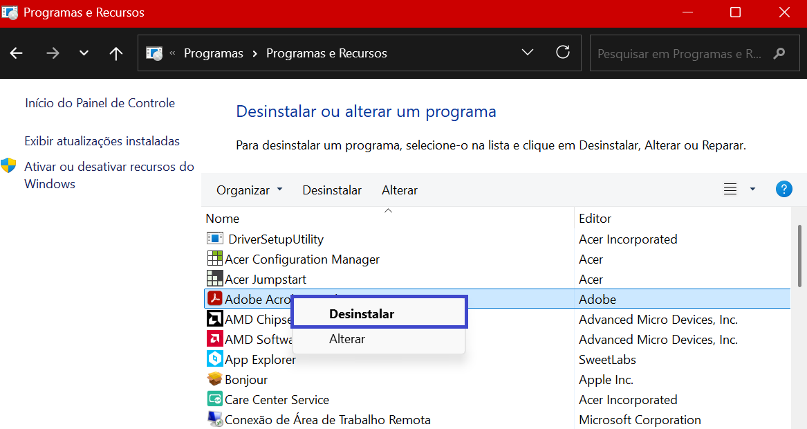 desinstalar o adobe acrobat