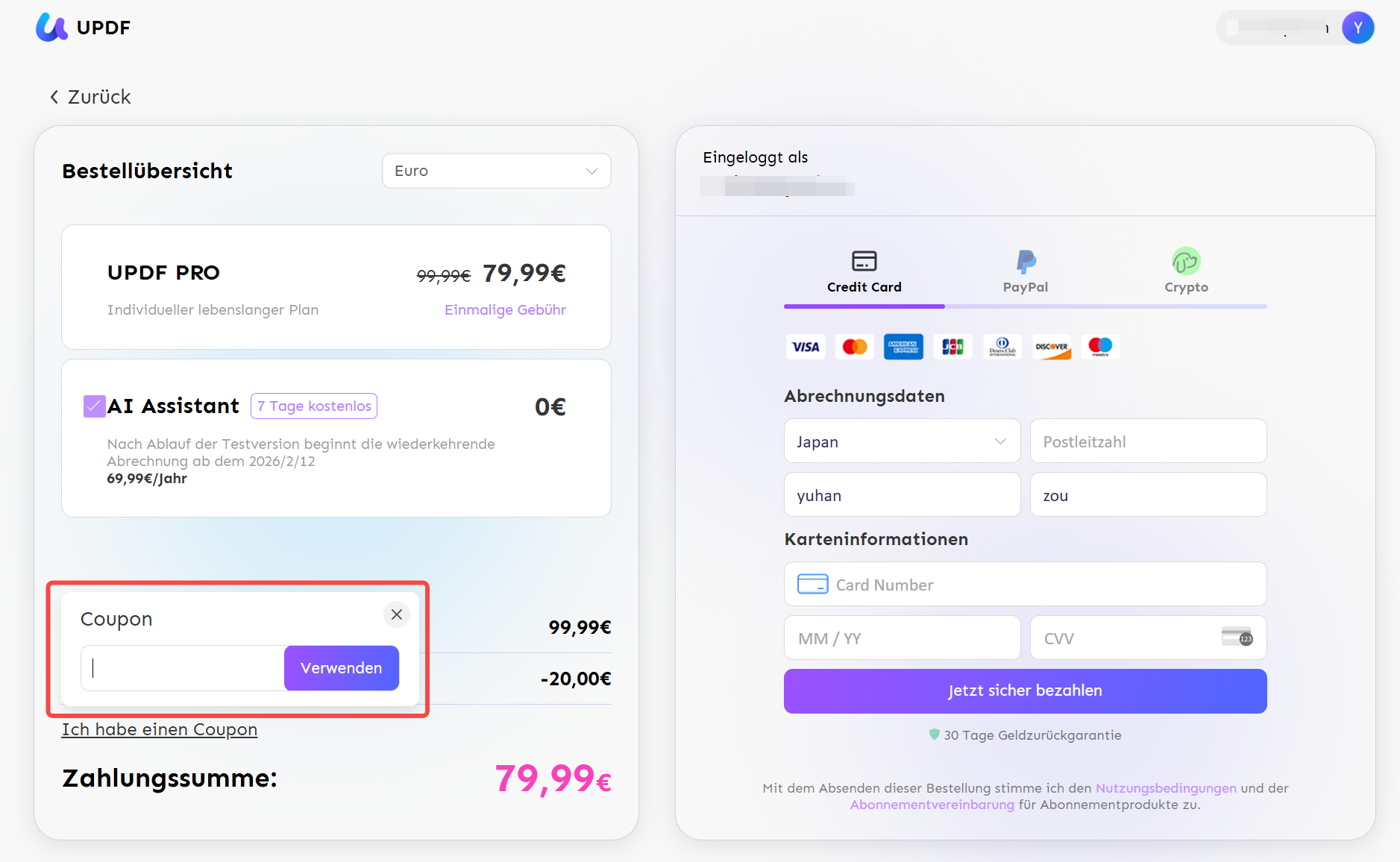 Promo-Code durch Einfügen anwenden