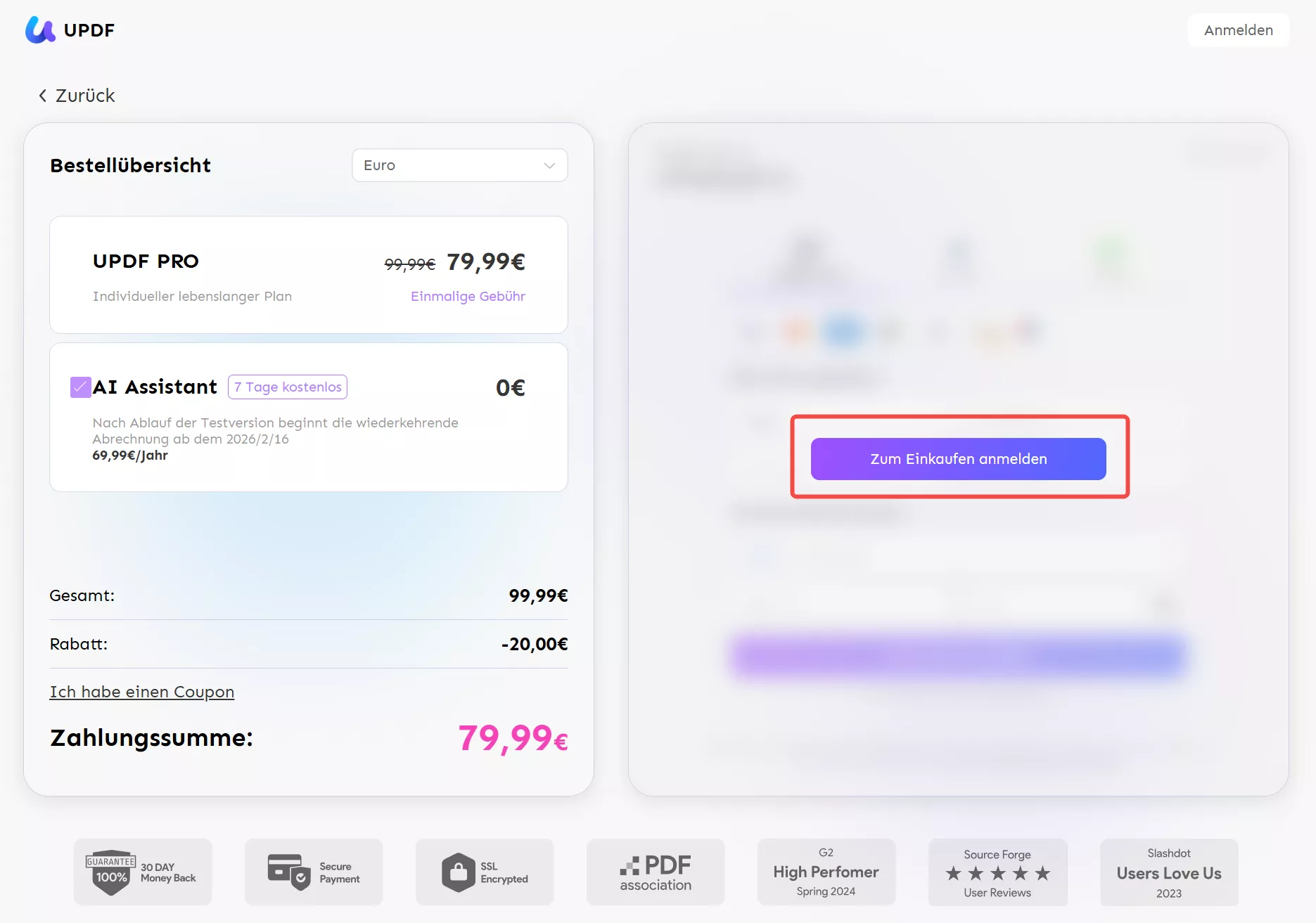 Klicken Sie auf „Zum Einkaufen anmelden“, um updf zu kaufen.