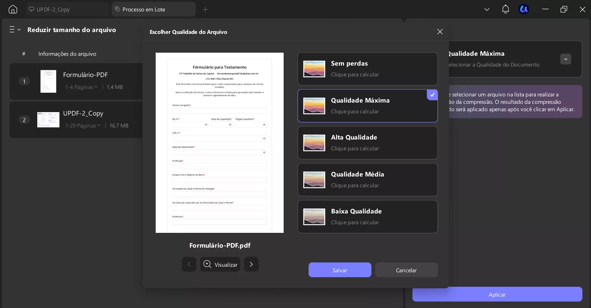 Comprimir arquivos em lote no UPDF