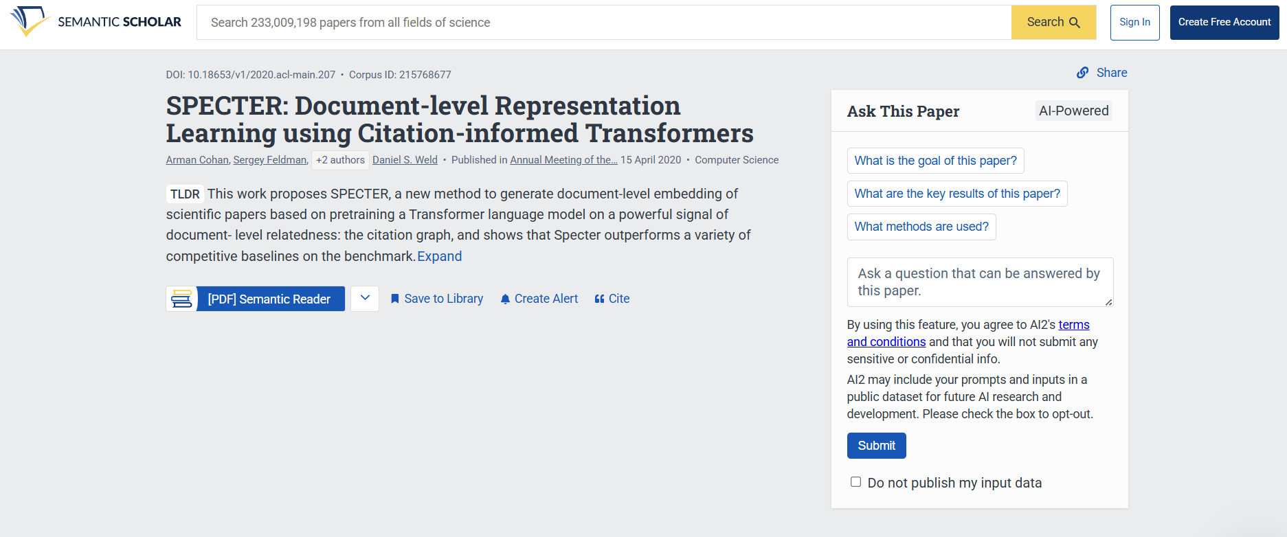 semantic scholar ask this paper